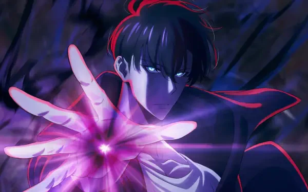 Anime-style 4K Ultra HD wallpaper featuring Sung Jin-Woo from Solo Leveling, highlighting his intense gaze and glowing hand against a dark, dramatic background.