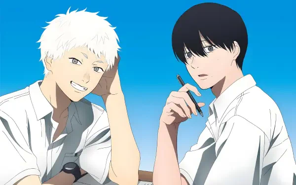 4K Ultra HD anime wallpaper featuring Indou Hikaru and Tsujinaka Yoshiki from The Summer Hikaru Died, set against a clear blue sky background.