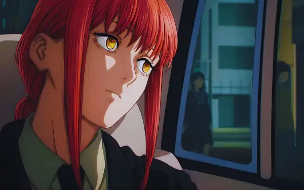 Makima from Chainsaw Man — red‑haired anime girl with golden eyes gazes from a car backseat; 5K Ultra HD PC desktop wallpaper/background.