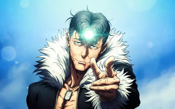 Jujutsu Kaisen 3rd Season 5K Ultra HD PC wallpaper: Ryu Ishigori with pompadour, fur-collared coat pointing at viewer against bright blue bokeh background.