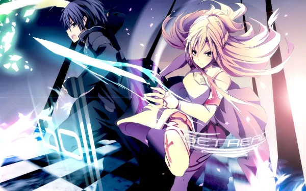 HD desktop wallpaper featuring Kirito and Asuna Yuuki from Sword Art Online in dynamic action poses with glowing swords, amid a vibrant, energetic background.