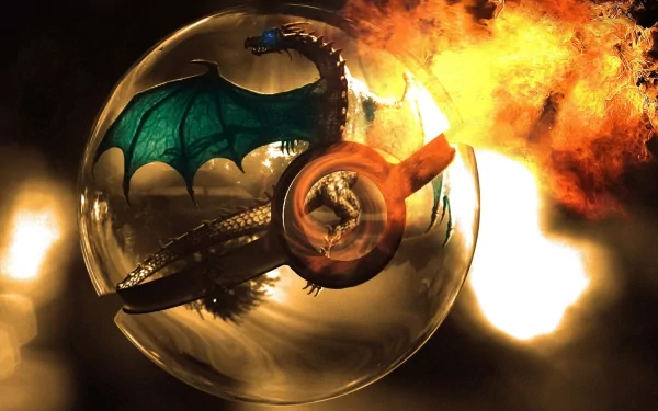 HD desktop wallpaper featuring Charizard from Pokémon inside a transparent Pokeball. Charizard's flames burn brightly, highlighting its dragon form against a dark background. Tags: flame, dragon, Pokémon, Anime.