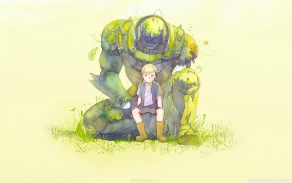 HD wallpaper featuring Alphonse Elric from Fullmetal Alchemist, sitting in a field with a child, amidst a serene background.