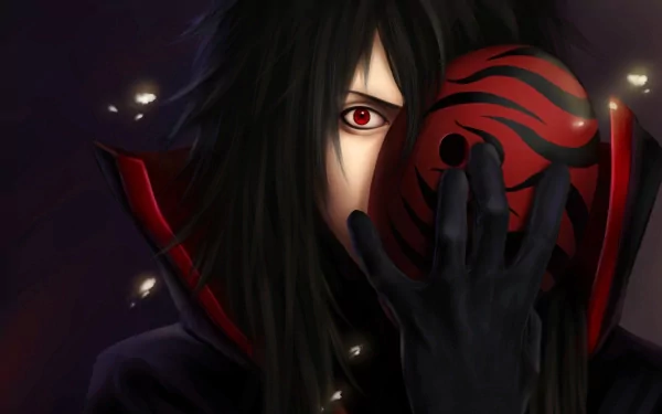 HD desktop wallpaper featuring Madara Uchiha from Naruto with the Sharingan eye, holding a mask suggestive of Obito Uchiha. The dark and intense background accentuates the anime's dramatic style.