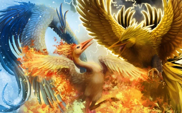 HD wallpaper featuring the legendary Pokémon Moltres, Zapdos, and Articuno amidst a dynamic battle scene from the Pokémon Anime series. The artwork highlights their fiery, electric, and icy powers.
