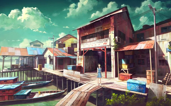 HD anime wallpaper featuring an original artwork of a tranquil coastal village scene with wooden houses on stilts, boats, and a serene sky background.