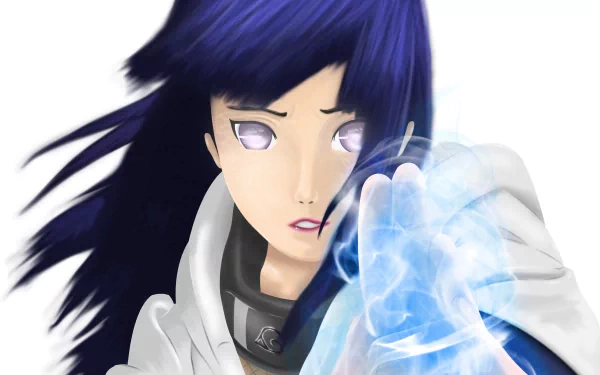 HD desktop wallpaper featuring Hinata Hyuga from Naruto, showcasing her in an intense moment with glowing blue energy in her hands.