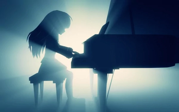 Silhouette of Kanade Tachibana from Angel Beats! playing piano, depicted in a blue-toned HD desktop wallpaper.