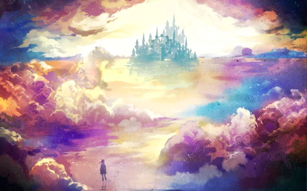HD anime landscape wallpaper featuring a colorful sky with clouds surrounding a distant castle and a Ferris wheel, with a figure standing in the foreground.
