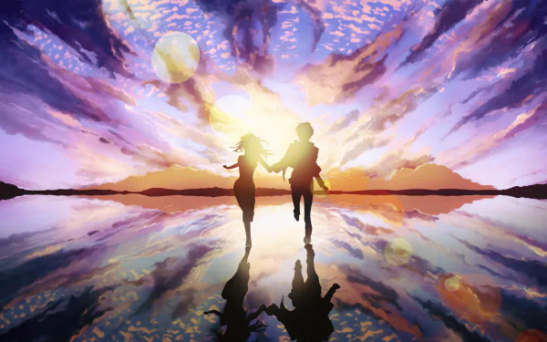 Anime characters Shota Kazehaya and Sawako Kuronuma running hand in hand at sunset over a reflective surface, from Kimi Ni Todoke. HD wallpaper showcasing a colorful sky and tranquil scene.