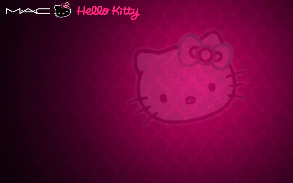 HD desktop wallpaper featuring a Hello Kitty graphic on a textured pink background, with the MAC and Hello Kitty logos visible.