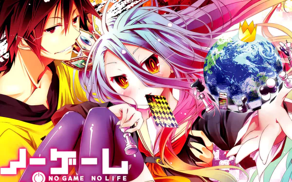 HD desktop wallpaper featuring Sora and Shiro from the anime No Game No Life, vividly depicted with colorful, dynamic artwork.
