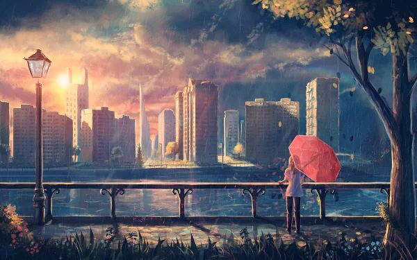 HD wallpaper of an anime-style cityscape at sunset, featuring a figure with a red umbrella overlooking the skyline from a flower-lined bridge.