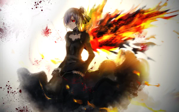 HD wallpaper of Touka Kirishima from Tokyo Ghoul, featuring her in a black gothic dress with purple hair and red eyes, unleashing a fiery Kagune.