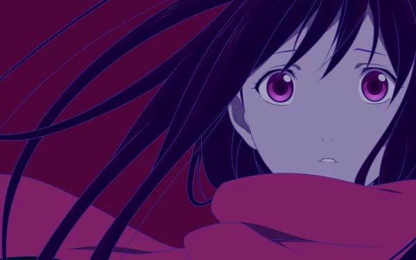 HD desktop wallpaper of Hiyori Iki from Noragami with a purple-toned background.