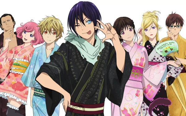 HD desktop wallpaper featuring characters from the anime Noragami, including Yato, Hiyori Iki, Yukine, and others, dressed in kimonos with Yato making a peace sign and winking.