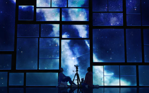 Anime-style HD desktop wallpaper of two characters observing a starry night sky through a telescope, framed by a grid of glowing windows.