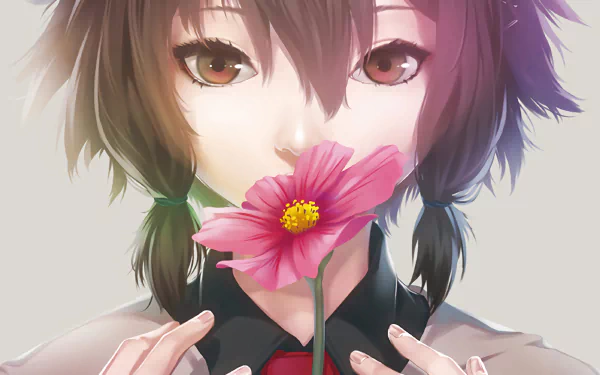 HD desktop wallpaper featuring a brown-haired anime girl with brown eyes, gently holding a vibrant pink flower.