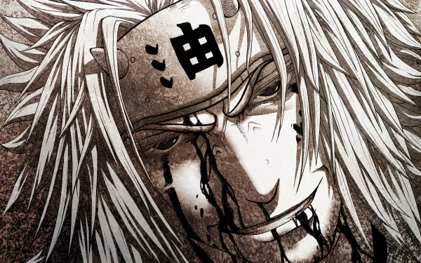 HD desktop wallpaper of Jiraiya from Naruto, featuring his white hair and a wound, with a detailed and intense expression.
