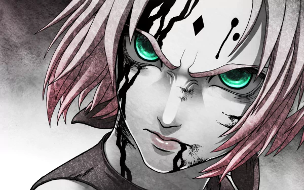 HD desktop wallpaper featuring an intense close-up of Sakura Haruno from the anime Naruto, highlighting her striking green eyes and detailed facial markings.