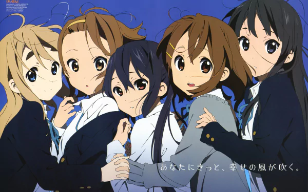 Five characters from K-ON! pose cheerfully against a vibrant blue background in this stunning 4K Ultra HD anime desktop wallpaper. Embrace the spirit of friendship and music.