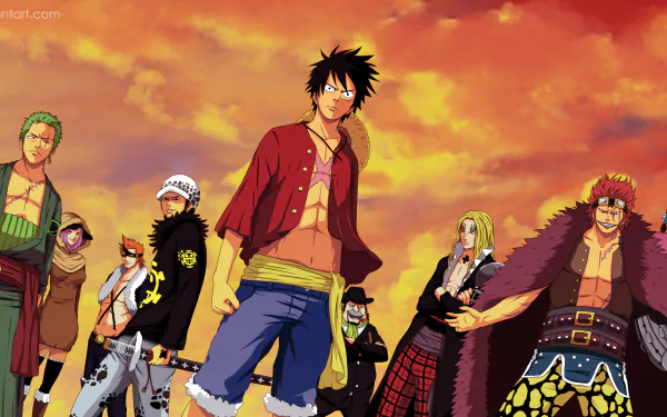 HD desktop wallpaper featuring characters from the anime One Piece, standing against a vibrant sunset sky, showcasing their distinctive outfits and dramatic poses.