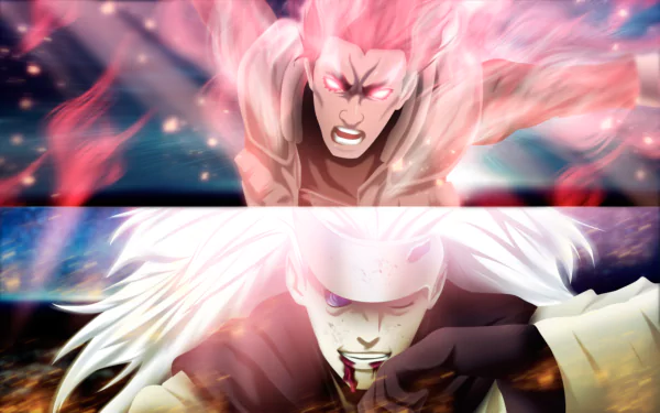 HD desktop wallpaper featuring Madara Uchiha and Might Guy from the anime Naruto, depicted in intense combat with vibrant colors and dynamic action scenes.