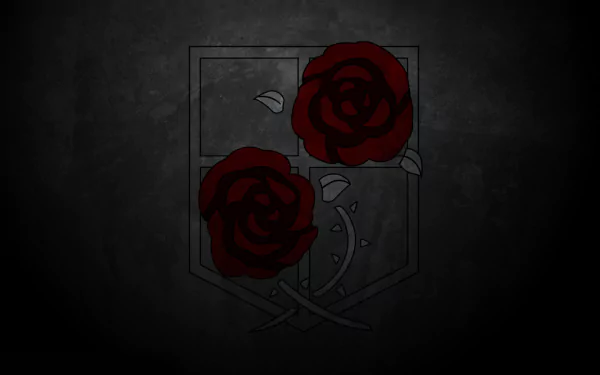A HD desktop wallpaper of the Attack on Titan anime, featuring the emblem of the Training Corps with two red roses against a dark, textured background.