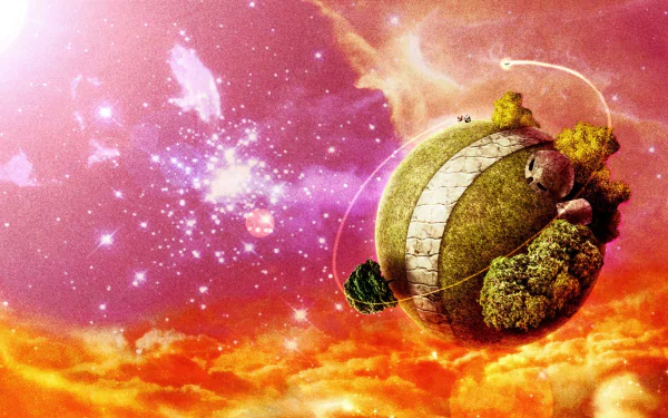 HD desktop wallpaper featuring Kaio's planet from Dragon Ball Z. The small spherical planet with a winding road is set against a vivid, starry background with vibrant orange and pink hues.