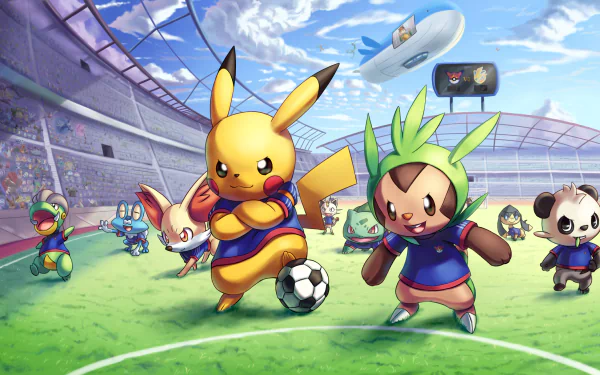 HD desktop wallpaper featuring Pikachu, Froakie, Fennekin, Chespin, and other Pokémon in an anime-style soccer match at a stadium.
