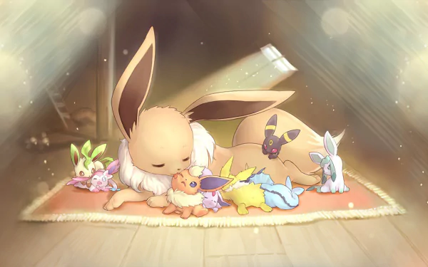 An adorable HD desktop wallpaper featuring an anime-style Eevee resting on a rug, surrounded by its colorful evolutions from the Pokémon series, bathed in soft sunlight.