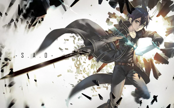 HD desktop wallpaper featuring Kazuto Kirigaya (Kirito) from Sword Art Online. The anime character wields a sword with fragmented background elements, embodying an action-packed scene from the series.