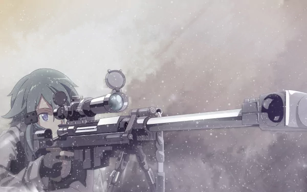 HD desktop wallpaper featuring Sinon from Sword Art Online II, aiming a sniper rifle amidst a snowy backdrop.