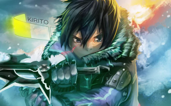 HD desktop wallpaper of Kirito from the anime Sword Art Online, featuring Kirito in a dramatic pose with a sword, surrounded by vibrant colors and intense lighting.