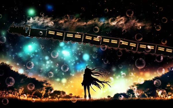 HD desktop wallpaper featuring IA from Vocaloid. The image showcases an anime-style silhouette of a girl with flowing hair, standing under a starry sky with a floating train and colorful bubbles.