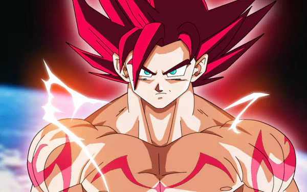 Goku in Super Saiyan God form from Dragon Ball Super, featured in a high-definition desktop wallpaper.