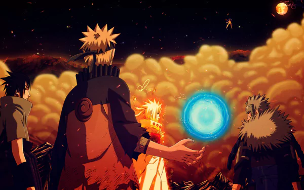 HD desktop wallpaper featuring characters from Naruto: Madara Uchiha, Tobirama Senju, Minato Namikaze, Naruto Uzumaki, and Sasuke Uchiha, with Naruto showcasing a Rasengan against a dramatic sky.
