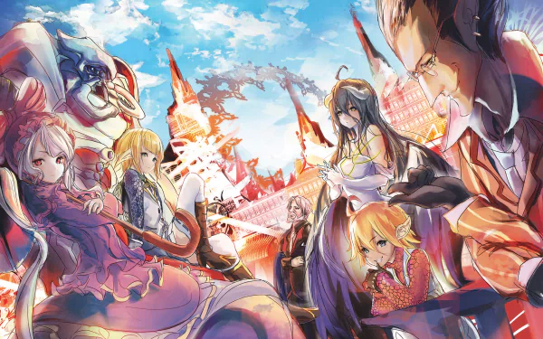 HD desktop wallpaper featuring characters Sebas Tian, Albedo, Mare Bello Fiore, Demiurge, Shalltear Bloodfallen, Cocytus, and Aura Bella Fiora from the anime Overlord, set against a vibrant outdoor backdrop.