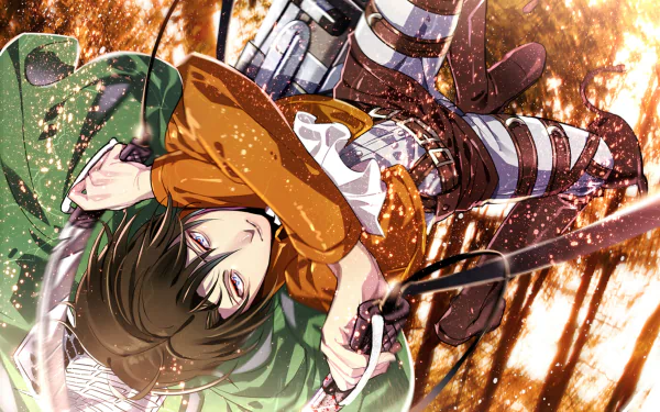 HD desktop wallpaper and background featuring Levi Ackerman from the anime Attack on Titan, depicted in action amidst a dynamic forest setting.