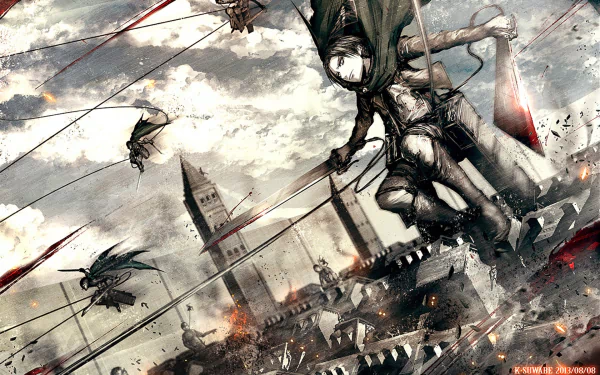 HD desktop wallpaper featuring Levi Ackerman from Attack on Titan in a dynamic anime scene, showcasing intense aerial maneuvers against a dramatic cityscape background.