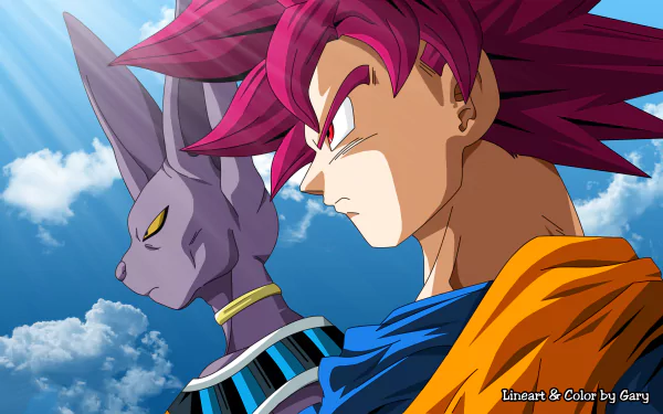 HD desktop wallpaper featuring Goku and Beerus from the anime Dragon Ball Super, facing forward with a serene sky and clouds in the background.