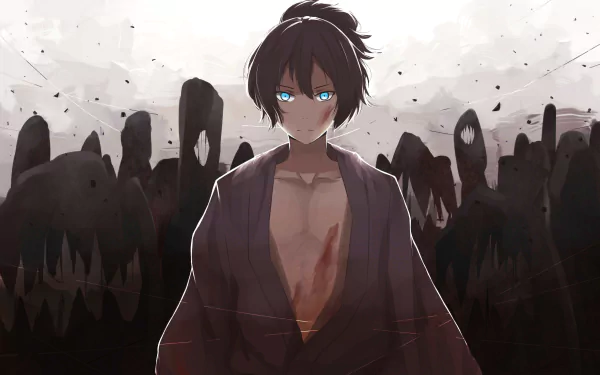 HD desktop wallpaper featuring Yato from the anime Noragami. Yato stands with a serious expression against a shadowy background with dark, ghostly figures.