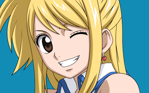 HD desktop wallpaper of Lucy Heartfilia from the anime Fairy Tail, featuring a close-up of her winking face with blonde hair against a blue background.