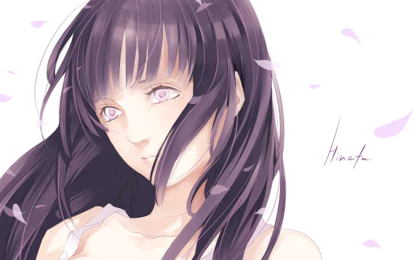 A beautiful HD desktop wallpaper featuring Hinata Hyuga from the anime Naruto, showcasing her serene expression and flowing hair amidst soft petals.