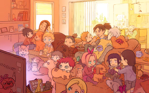 Anime-themed HD desktop wallpaper featuring chibi versions of Naruto characters including Sasuke Uchiha, Shikamaru Nara, Gaara, Ino Yamanaka, Hinata Hyuga, Neji Hyuga, Sakura Haruno, and Naruto Uzumaki.