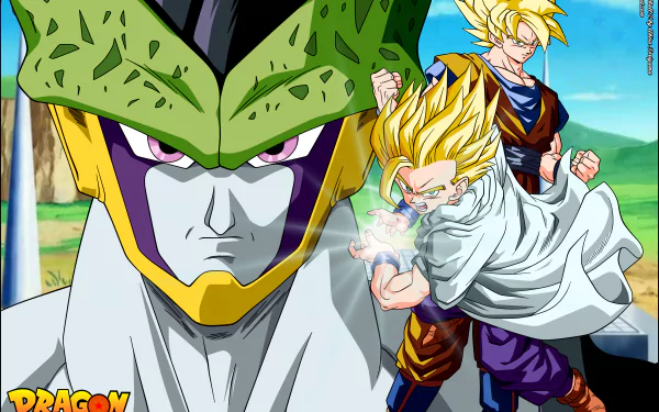 HD desktop wallpaper featuring Goku, Gohan, and Cell from Dragon Ball Z. Gohan is powering up in the foreground with Goku in the background, while Cell's face dominates the left side of the image.