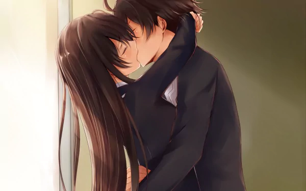 An HD wallpaper featuring a kiss between Hachiman Hikigaya and Yukino Yukinoshita from the anime My Teen Romantic Comedy SNAFU. They are depicted in school uniforms, with Hachiman having short brown hair and Yukino long brown hair.