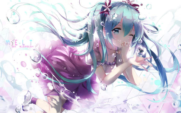 HD desktop wallpaper of Hatsune Miku, an anime-style Vocaloid character, featuring her winking playfully amidst bubbles and water.
