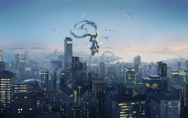 HD anime wallpaper featuring Hatsune Miku, a popular Vocaloid character, flying over a futuristic cityscape at dusk, with birds in the sky and city lights beginning to shine.