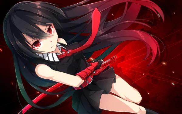 HD desktop wallpaper featuring Akame from Akame ga Kill! with long black hair, red eyes, and a black dress, holding a weapon against a striking red and black background.